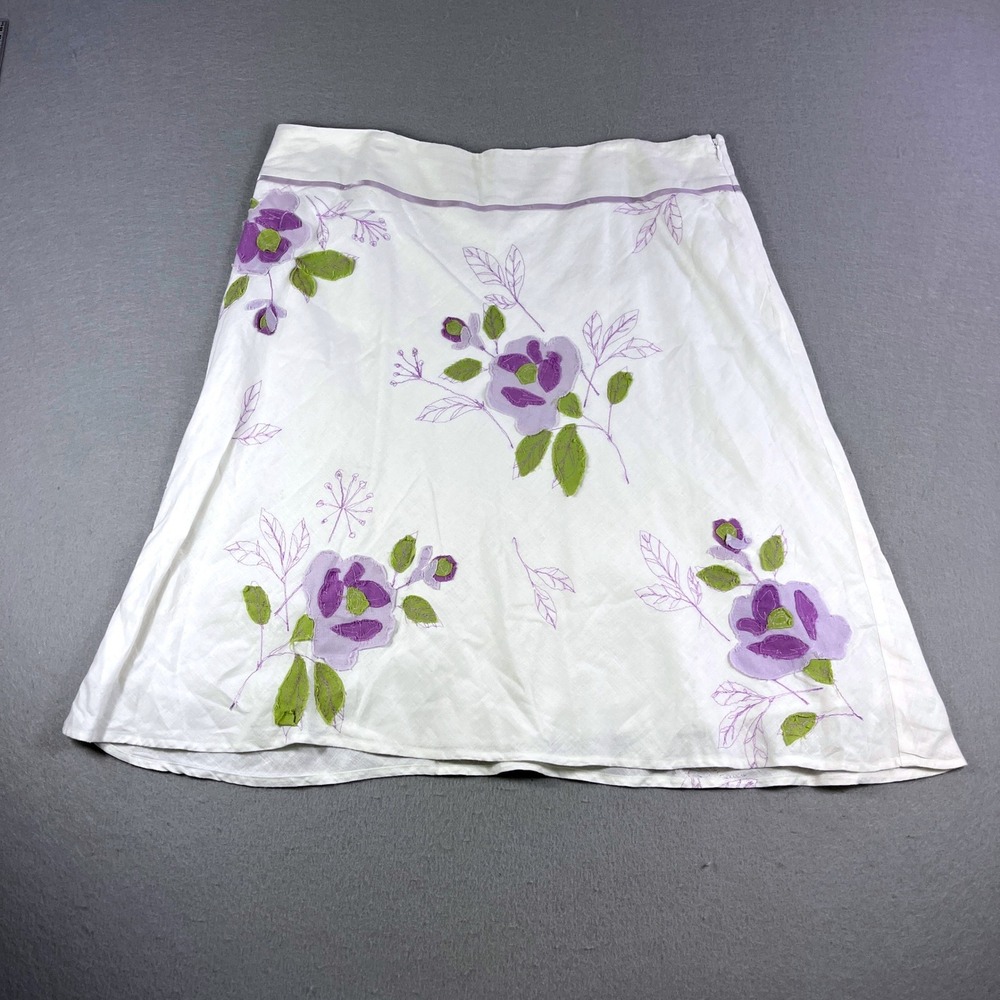 Vintage 90's Karen Kane Skirt White Floral Print A Line Midi Size 14 Linen Blend - Picture 2 of 5